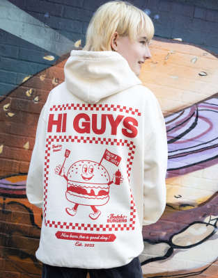  Batch1 unisex hi guys burger graphic hoodie in vanilla