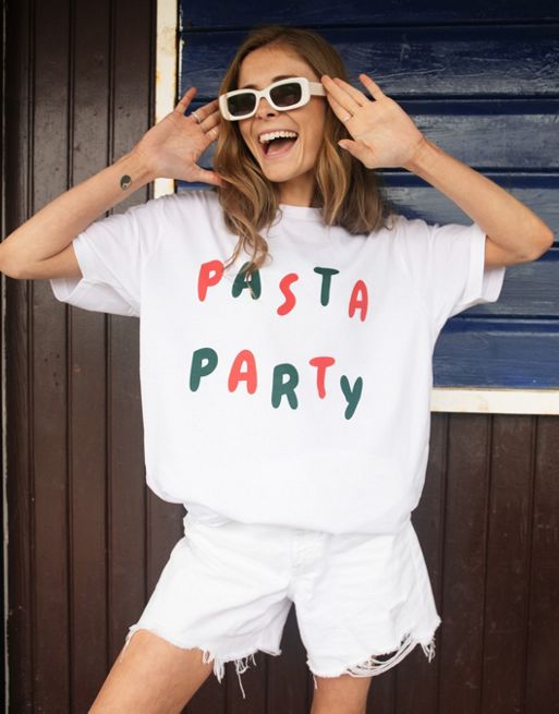 Batch1 unisex pasta party slogan t-shirt in white