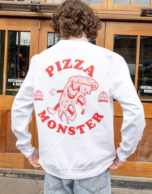 Batch1 unisex retro style pizza monster graphic sweatshirt in white