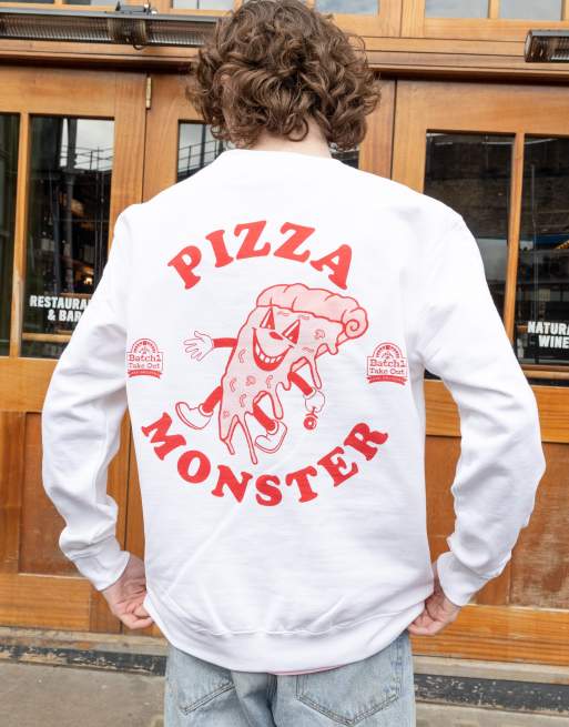 Batch1 unisex retro style pizza monster graphic sweatshirt in white