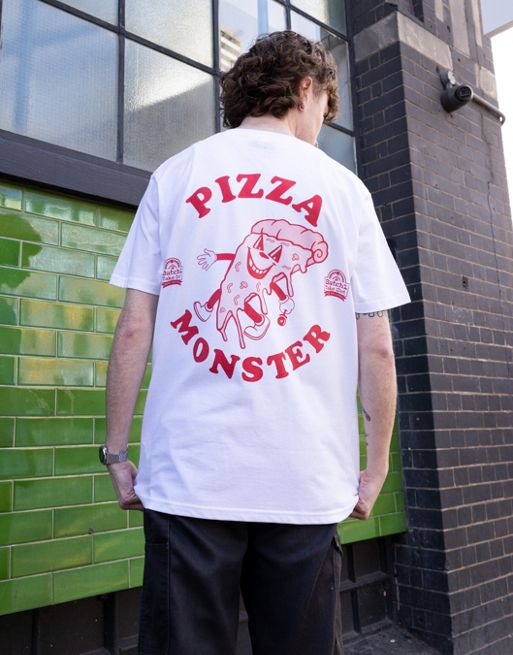 Batch1 unisex retro style pizza monster graphic t-shirt in white