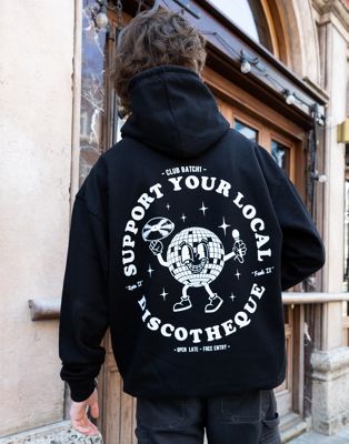 Batch1 unisex support your local discotheque graphic hoodie in black