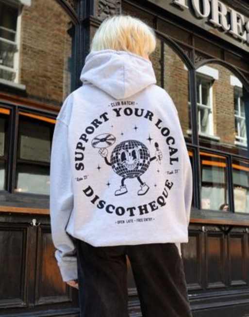 Batch1 unisex support your local discotheque graphic hoodie in grey