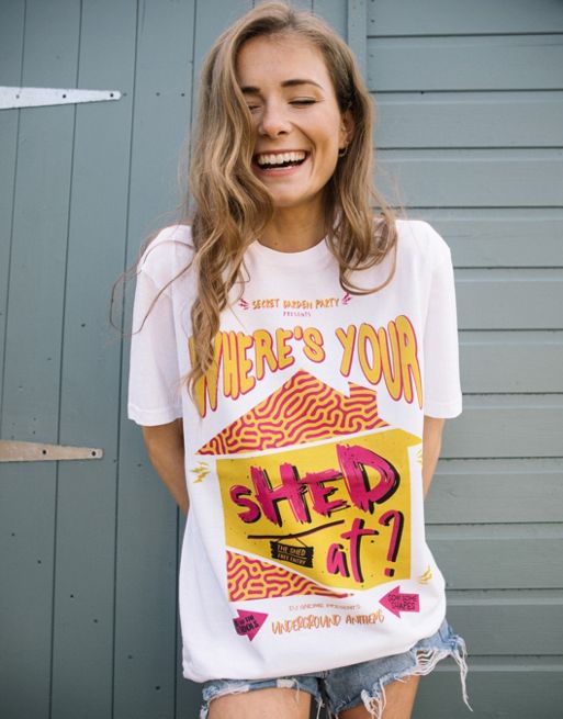 Batch1 unisex wheres your shed at festival graphic t-shirt in white