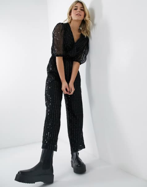 BB Dakota sequin jumpsuit with sheer sleeves in black - view 1
