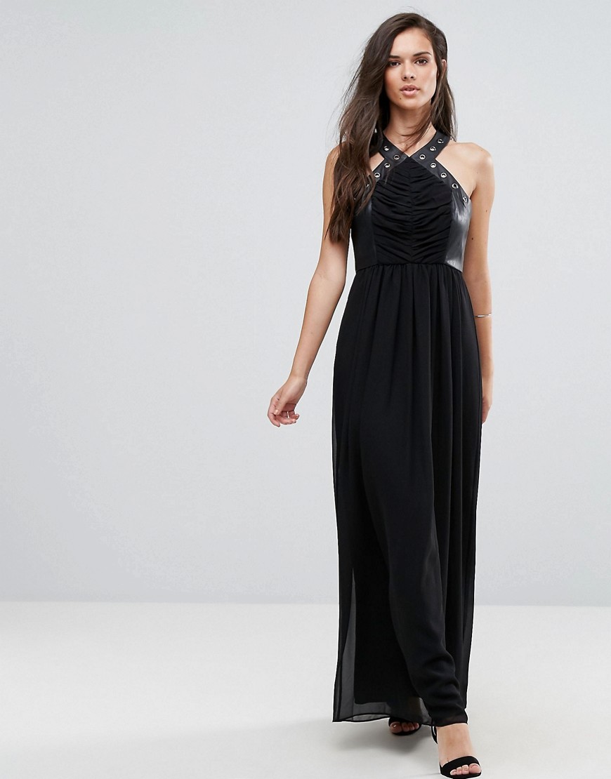 BCBG - Lange jurk van imitatieleer met veteroogjes en gekruist bandjes-Zwart