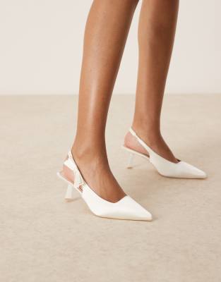 Almeria slingback heeled pumps with bow detail in satin ivory-White