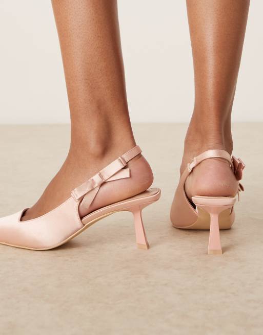 Be Mine Bridal Almeria slingback heeled pumps with bow detail in satin blush, 3 of 4