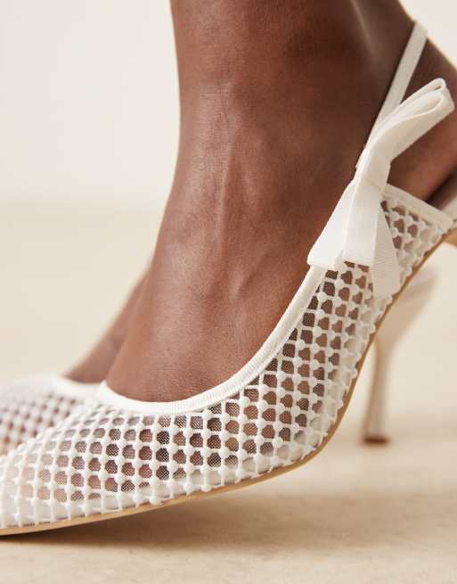 Be Mine Bridal Benni slingback heeled shoes with bow in ivory satin, 2 of 4