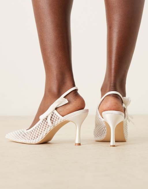 Be Mine Bridal Benni slingback heeled shoes with bow in ivory satin, 3 of 4