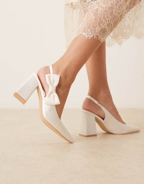 Be Mine Bridal Bobbi slingback block heeled shoes with side bows in ivory satin - view 1