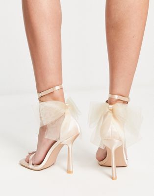 Be Mine Bridal Cynzia tulle bow detail sandals in neutral  - ASOS Price Checker