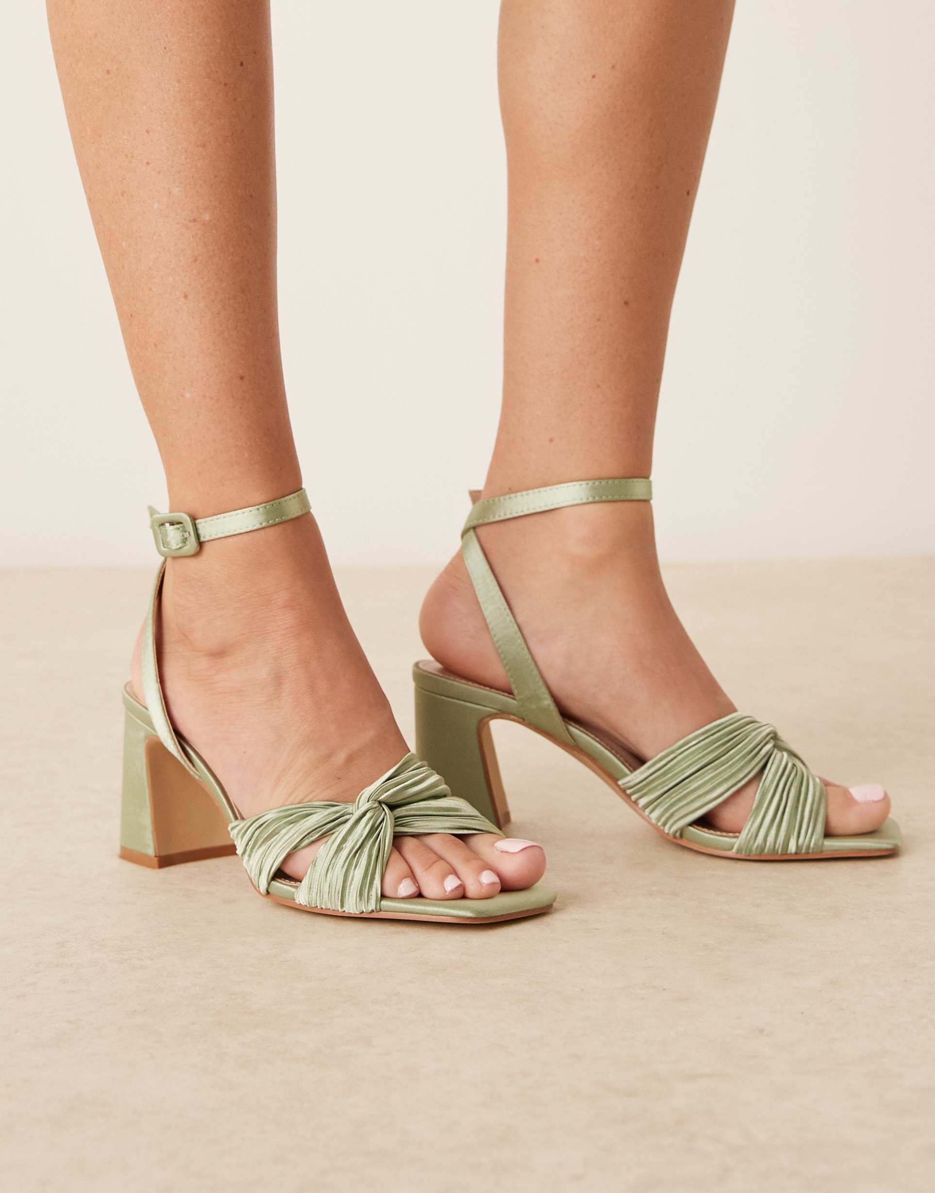 be mine bridal divaa plissé block heeled sandals in sage satin
