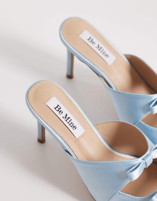 Be Mine Bridal Donia heeled sandal mules with bows in blue satin, 4 of 4