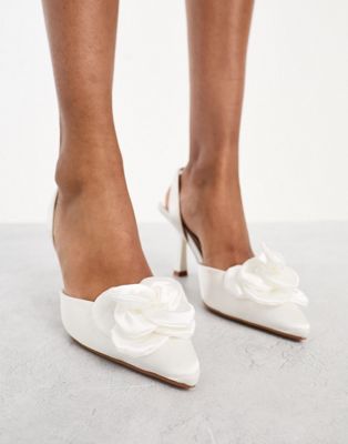Be Mine Bridal Esther slingback heeled shoes with corsage in ivory satin - ASOS Price Checker