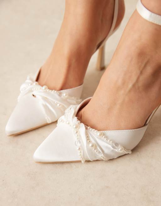 Be Mine Bridal Harsha tie leg heeled pumps with pearls in ivory satin, 2 of 4
