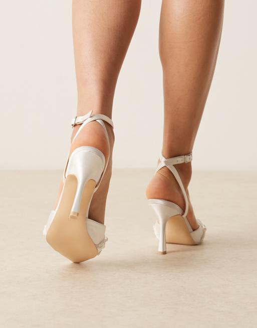 Be Mine Bridal Harsha tie leg heeled pumps with pearls in ivory satin, 3 of 4