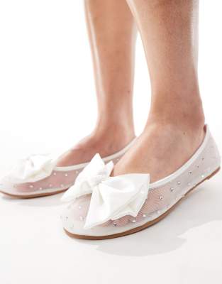 Bridal Nelly bow flat shoes in ivory-White