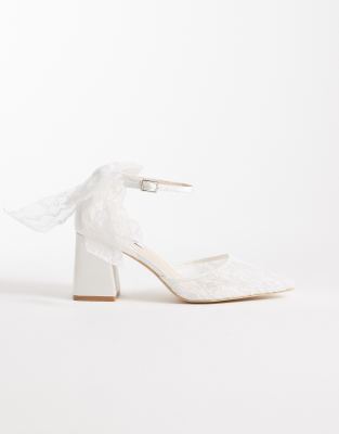  Bridal Reema block heeled shoes with bow detail in ivory lace