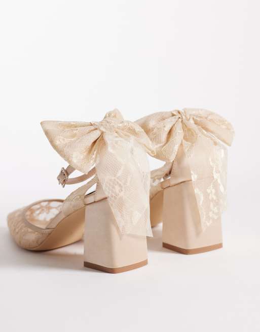 Be Mine Bridal Reema block heeled shoes with bow detail in rose lace, 3 of 4