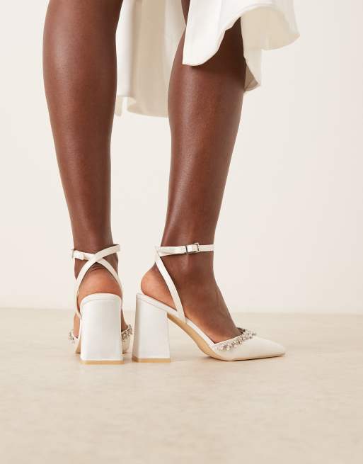 Be Mine Bridal Rubinaa embellished block heeled shoes in ivory satin