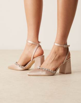  Bridal Rubinaa embellished block heeled shoes in blush satin