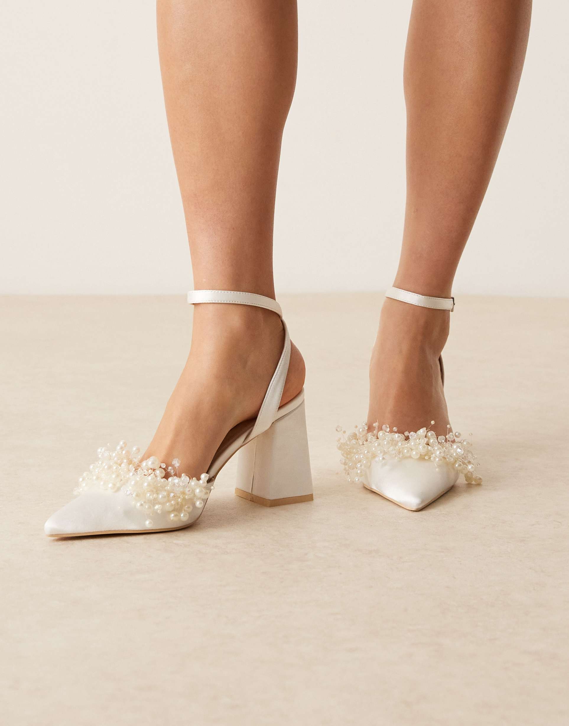 be mine bridal tanika block heeled shoes with faux pearls in ivory satin