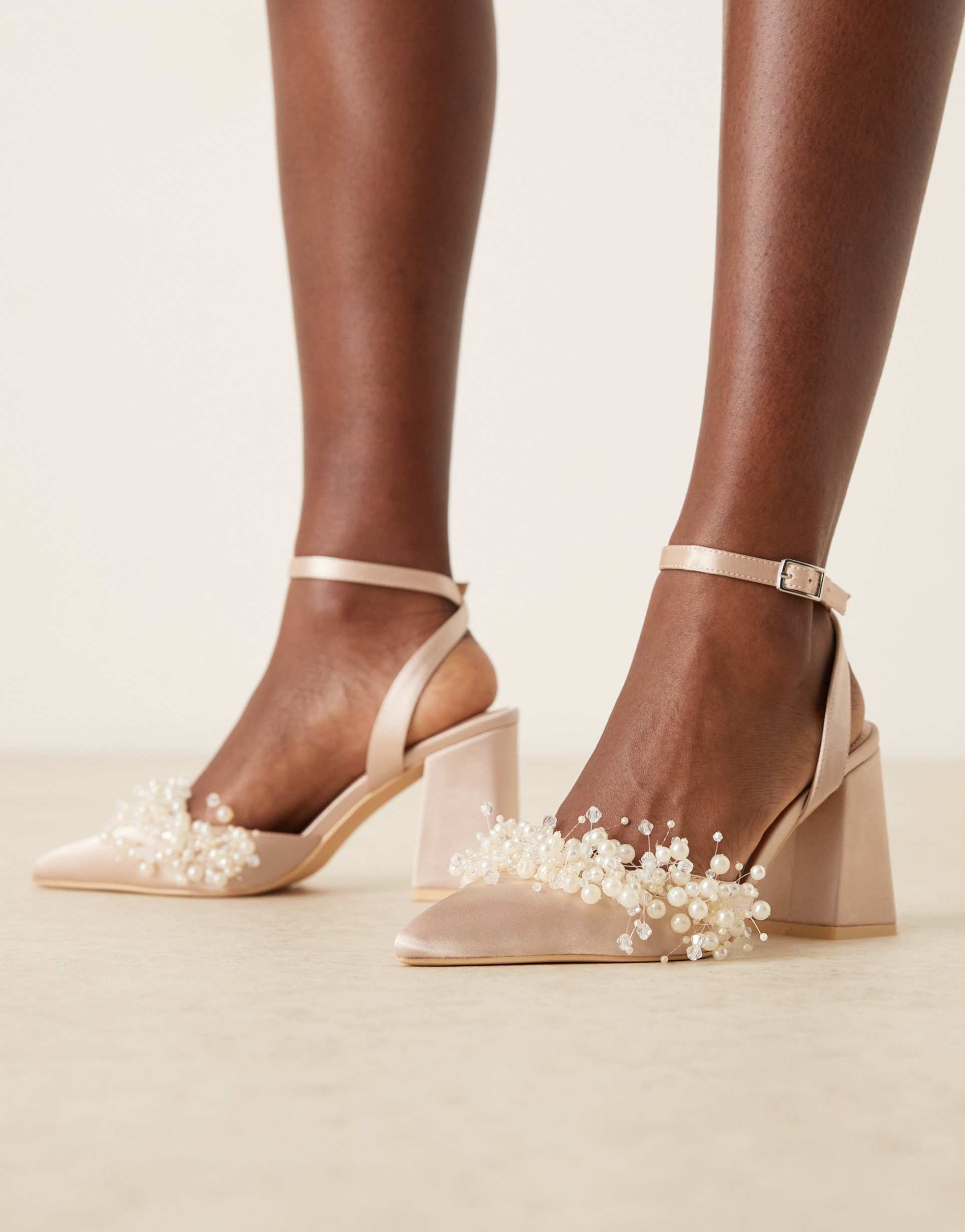 be mine bridal tanika block heeled shoes with pearls in blush satin