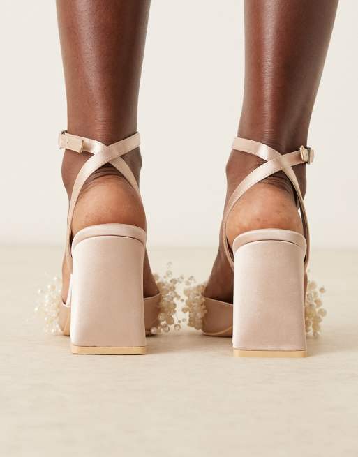 Be Mine Bridal Tanika block heeled shoes with pearls in blush satin, 3 of 4