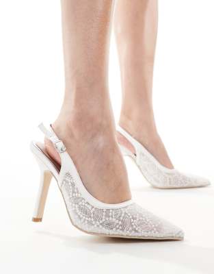 Bridal Vidha slingback heeled shoes in ivory lace-White