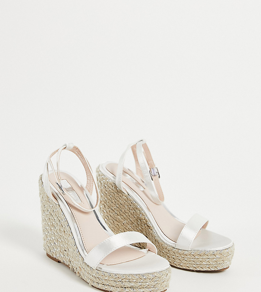 Be Mine Bridal Wide Fit Azila espadrille wedges in ivory satin-White