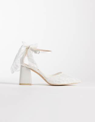 Be Mine Bridal Wide Fit Reema block heeled shoes with bow detail in ivory lace