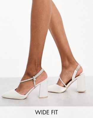 Be Mine Wide Fit Bridal Ditzy block heeled shoes in ivory satin - ASOS Price Checker