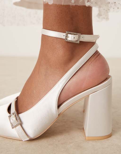 Be Mine Harriot high block heeled pumps with buckle detail in satin ivory, 2 of 4