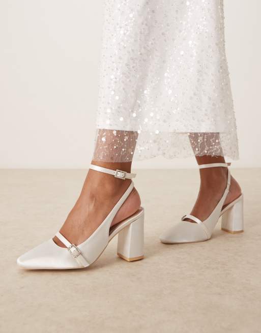 Be Mine Harriot high block heeled pumps with buckle detail in satin ivory, 3 of 4