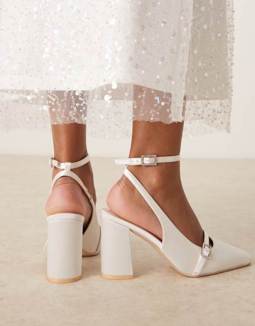 Be Mine Harriot high block heeled pumps with buckle detail in satin ivory, 4 of 4