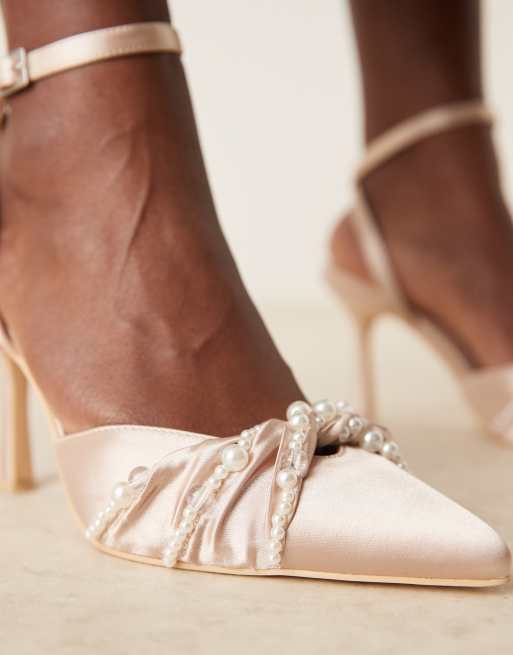 Be Mine - Harsha - Scarpe con tacco da sposa in raso color cipria con perle e allacciatura sulla gamba, 2 di 4
