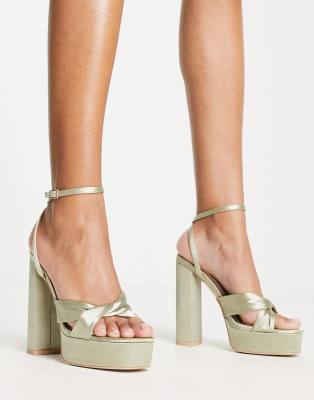 Be Mine Margot platform heeled sandals in sage satin-Green