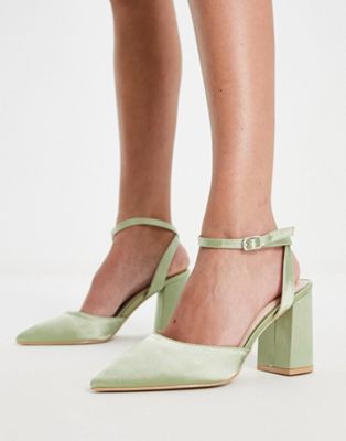 Be Mine Neima block heeled shoes in sage green satin