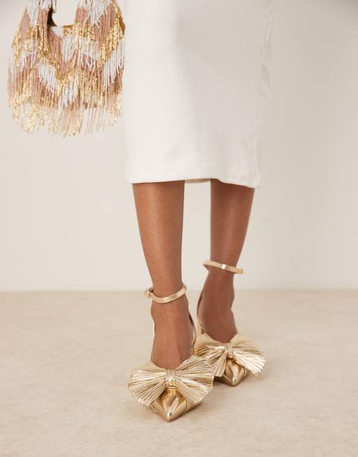 Be Mine Sierra heeled pumps with bow detail in satin gold, 2 of 4