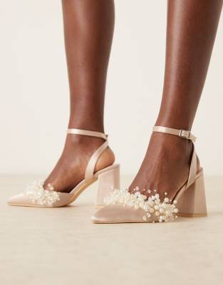 Be Mine - Tanika - Chaussures satinées de mariage à talon carré ornées de perles - Pêche-rose