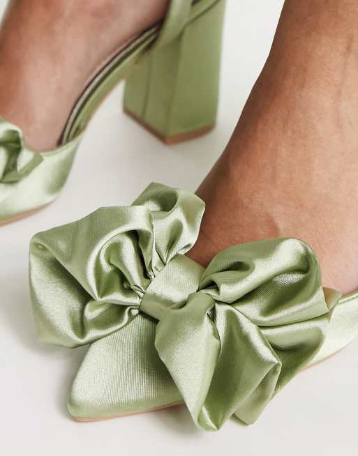 Be Mine Vamikaa bow heeled shoes in sage green satin | ASOS