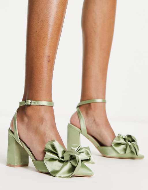 Be Mine Vamikaa bow heeled shoes in sage green satin | ASOS