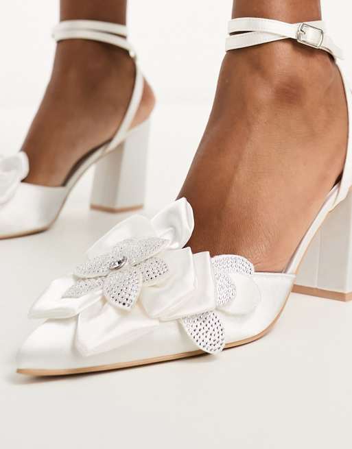 Be Mine Wide Fit Akiva Bridal heeled shoes with embellished corsage in  ivory satin