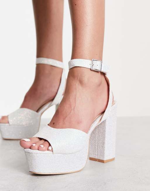 Be Mine Wide Fit Bridal Alette glitter platform sandals in white and silver, 2 of 4