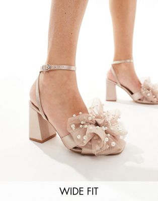 Bridal Issa tulle pearl bow block heel sandals in blush-Pink