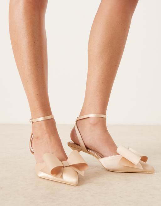 Be Mine Wide Fit Bridal kitten heel shoes with bow in rose satin, 4 of 4