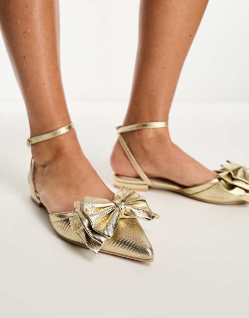 Be Mine Wide Fit Bridal Milli flat shoes with bow in metallic gold