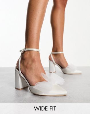 Be Mine Wide Fit Bridal Mishha tulle bow block heeled shoes in ivory - ASOS Price Checker