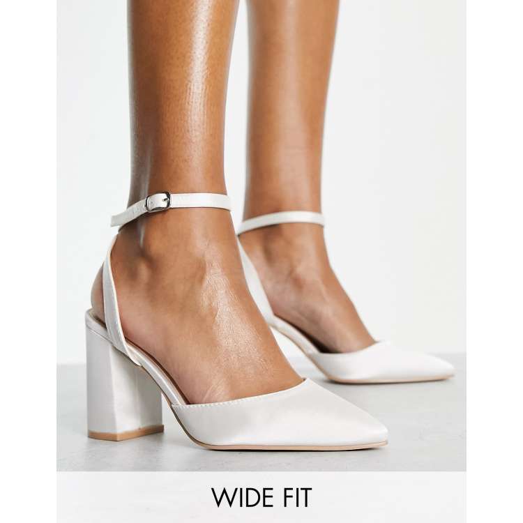 Be Mine Wide Fit Bridal Neima block heeled shoes in ivory satin ASOS